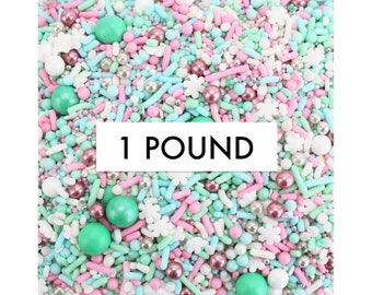 Vintage Holiday Sprinkle Blend BULK (1LB) - a gorgeous mix of pink, white, mint green snowflake metallic silver sprinkles for holiday treats