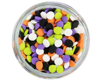 Halloween Sequin Sprinkles - Tiny polka dots in halloween colors to sprinkle atop your cupcakes, sundaes, and other sweet goodies!