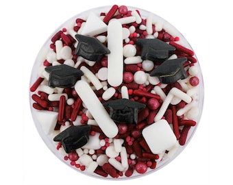 Maroon & White Graduation Sprinkle Blend - maroon and white blend of jimmies, non-pareils, dot sprinkles, candy sprinkles, graduation hat