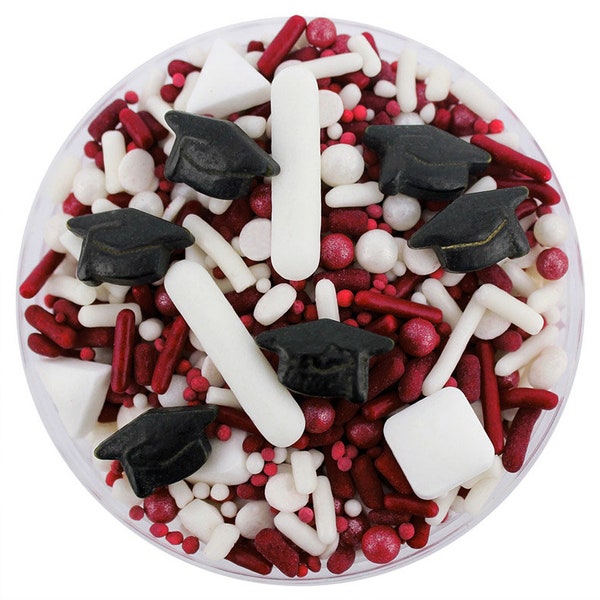 Maroon & White Graduation Sprinkle Blend - maroon and white blend of jimmies, non-pareils, dot sprinkles, candy sprinkles, graduation hat