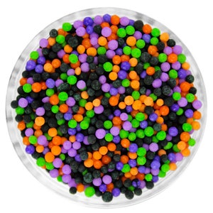 Monster Mash Nonpareils Blend - Our monster mash blend is a mix of nonpareils in black, orange, purple, lavender, & lime green.