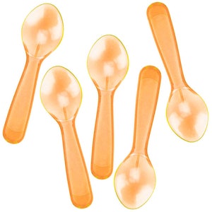 May include: Six orange plastic spoons with a yellow rim. The spoons are arranged in a fan shape.