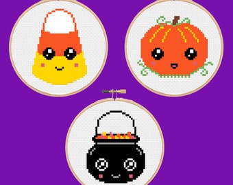 3 Mini Halloween Cross Stitch Patterns Bundle - Beginner - Digital PDF Instant Download