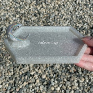 Holographic moon ring holder tray, jewelry storage, glitter, custom, crescent moon, clouds, gift