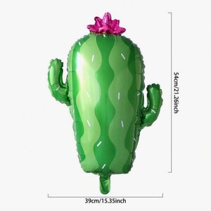 May include: A green and white cactus shaped foil balloon with a pink flower on top. The balloon is 21.26 inches tall and 15.35 inches wide.