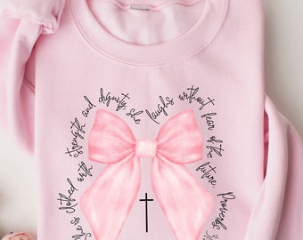 Sudadera cristiana, camisa con lazo rosa y versículo bíblico, camisa cristiana coqueta, camisa inspiradora para mujer, camisa coqueta para mamá, regalo cristiano
