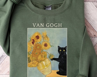 Van Gogh Katzen-Shirt, lustige Kunst T-Shirt, schwarze Katzen-Shirt, Sonnenblumen-Katze-T-Shirt, schwarze Katzen-Shirt, ästhetische Malerei T-Shirt, lustiges Kunst-Liebhaber-Shirt