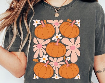 Camisa de calabaza floral de otoño Comfort Colors®, camisa de calabaza con flores, camiseta con gráfico estético de otoño, camisa de calabaza, camisa de calabaza bohemia