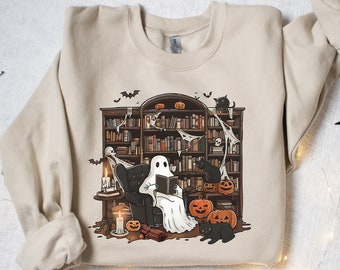 Ghosts Reading Book Sweatshirt, Halloween Bookshelf Shirt, Halloween Gift, Ghostly Bookish Shirt,  Cute Ghost Book Shirt, Ghost Teacher Tee