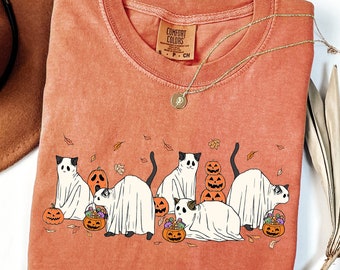 Comfort Colors® Halloween-Katzen-Shirt, süßes Geisterkatzen-Shirt, schwarze Katzen-Shirt, Katzenliebhaber-Shirt, Geisterkatzen-Shirt, lustiges Geisterkatzen-Shirt
