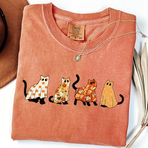 Comfort Colors® Süßes Geisterkatzen-Shirt, Halloween-Katzen-Shirt, schwarze Katzen-Shirt, Katzenliebhaber-Shirt, Geisterkatzen-Shirt, lustiges Geisterkatzen-Shirt