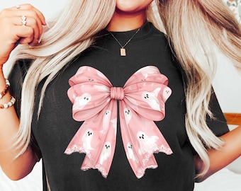 Pink Ghost Bow Coquette T-Shirt, Halloween Coquette Bow Shirt, Ghost Halloween, Halloween Shirt, Spooky Season Tee, Girly Halloween Shirt
