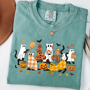 Comfort Colors® Süßes Geisterkatzen-Shirt, Halloween-Katzen-Shirt, schwarze Katzen-Shirt, Katzenliebhaber-Shirt, Geisterkatzen-Shirt, lustiges Geisterkatzen-Shirt
