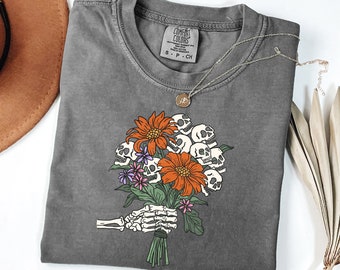 Comfort Colors® Skeleton Flowers Halloween Shirt, Skeleton Hand Bouquet Shirt, Halloween Gift Halloween Skeleton Shirt, Autumn Flowers Shirt