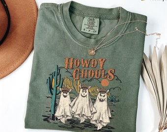 Camisa vaquera de Halloween Comfort Colors®, camisa de Halloween Howdy Ghouls, camisa de calabaza de Halloween del oeste, camisa de fantasma vaquero, fantasmas de otoño