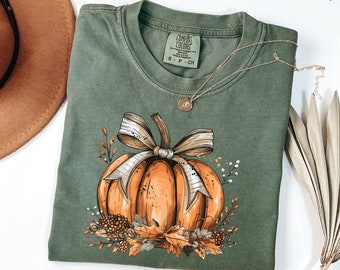 Camisa con lazo de calabaza de otoño Comfort Colors®, camisa de Halloween, camisas de Halloween, camisa de calabaza de Halloween, camisa de otoño para mujer