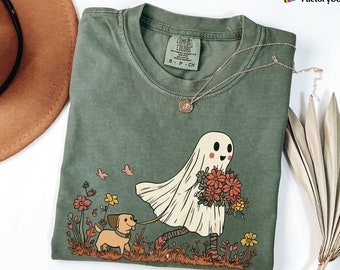 Comfort Colors® Сute Ghost Dog Shirt, Dog Lovers Halloween Gift, Floral Ghost Shirt, Halloween Dog Shirt, Womens Halloween Shirt, Fall Shirt