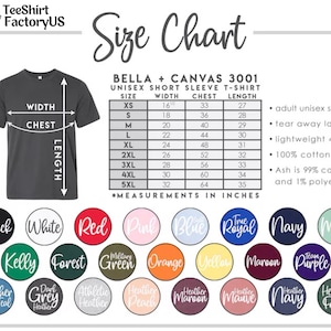 Może przedstawiać: Tabela rozmiar&oacute;w dla koszulek unisex z kr&oacute;tkim rękawem Bella + Canvas 3001. Tabela zawiera wymiary w calach dla szerokości, klatki piersiowej i długości, od XS do 5XL. Opcje kolor&oacute;w są wyświetlane w k&oacute;łkach, w tym czarny, biały i czerwony.