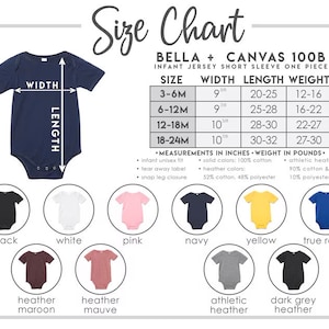 Może przedstawiać: Tabela rozmiar&oacute;w dla body niemowlęcych z kr&oacute;tkim rękawem Bella + Canvas 100B. Zawiera wymiary w calach i wagę w funtach dla rozmiar&oacute;w od 3-6M do 18-24M. Dostępne kolory: czarny, biały, r&oacute;żowy, granatowy, ż&oacute;łty, kr&oacute;lewski niebieski, itp.