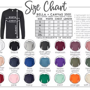 Może przedstawiać: Tabela rozmiar&oacute;w dla koszulek z długim rękawem unisex dla dorosłych Bella + Canvas 3501. Zawiera wymiary w calach dla rozmiar&oacute;w od S do 2XL. Dostępne kolory to biały, czarny, melanż, bordowy i inne. Lekki, 4,2 uncji.