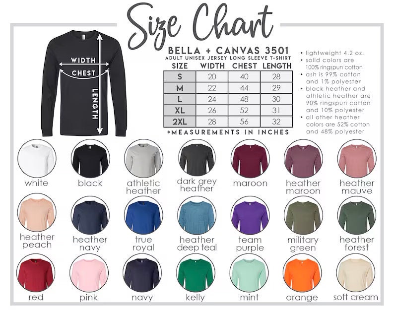 Może przedstawiać: Tabela rozmiar&oacute;w dla koszulek z długim rękawem unisex dla dorosłych Bella + Canvas 3501. Zawiera wymiary w calach dla rozmiar&oacute;w od S do 2XL. Dostępne kolory to biały, czarny, melanż, bordowy i inne. Lekki, 4,2 uncji.