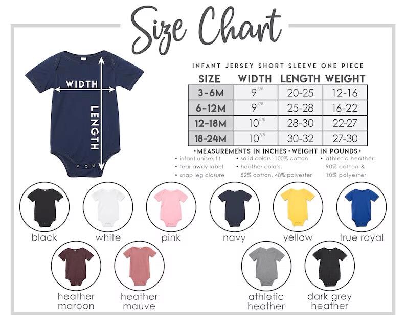 K&ouml;nnte beinhalten: Gr&ouml;&szlig;entabelle f&uuml;r Baby-Bodysuits mit kurzen &Auml;rmeln aus Jersey. Die Tabelle enth&auml;lt Ma&szlig;e in Zoll f&uuml;r Breite und L&auml;nge sowie das Gewicht in Pfund. Farben: Schwarz, Wei&szlig;, Rosa, Marine, Gelb und K&ouml;nigsblau.