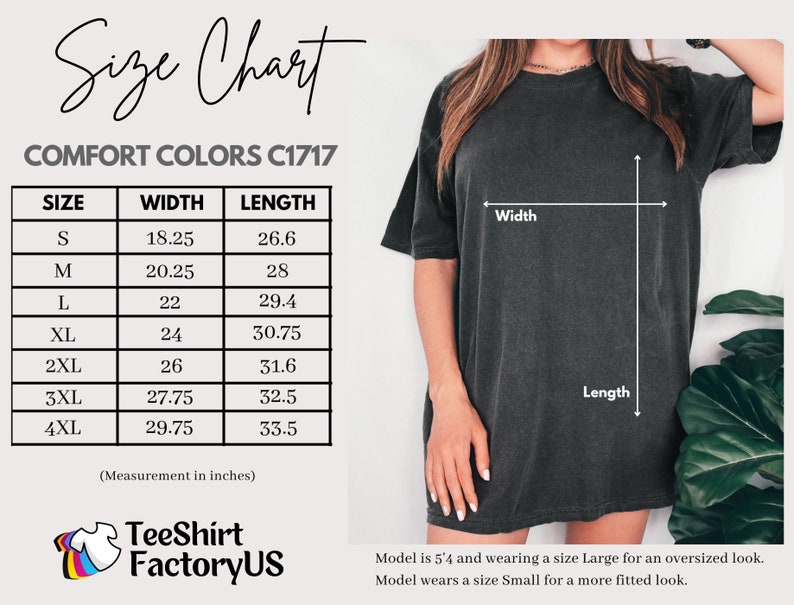 Pode incluir: Uma tabela de tamanhos para uma t-shirt Comfort Colors C1717, exibindo medidas de largura e comprimento em polegadas para os tamanhos S a 4XL. A tabela inclui um guia visual numa t-shirt cinzento-escura mostrando como medir a largura e o comprimento.