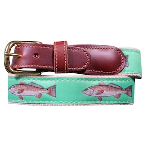 Men’s Nautical Leather Belt – Redfish Embroidered – Coastal Style Gift for Fishermen – Made in USA by SoliVisk