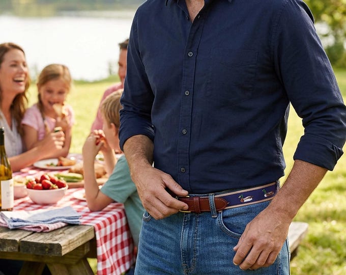 SoliVisk Men’s Classic Navy Waterfowl Ribbon Belt  Leather Tabs USA Made Preppy Duck Belt  Casual Dress Belt for Men Southern Coastal Style