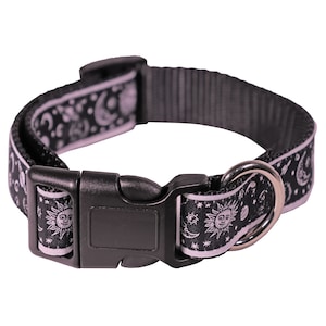May include: Black dog collar with a white and silver sun and moon pattern. The collar has a black plastic buckle and a silver metal D-ring.