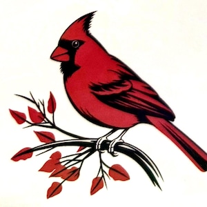 May include: A vibrant red cardinal bird with black facial markings and wings perched on a dark brown branch. The branch features several small, pointed red leaves extending outward. The illustration uses bold lines and solid colours on a white background.