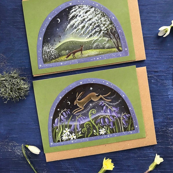 Spring Floral Greetings cards x2 Featuring Hare, Fox, Bluebells and Hawthorn