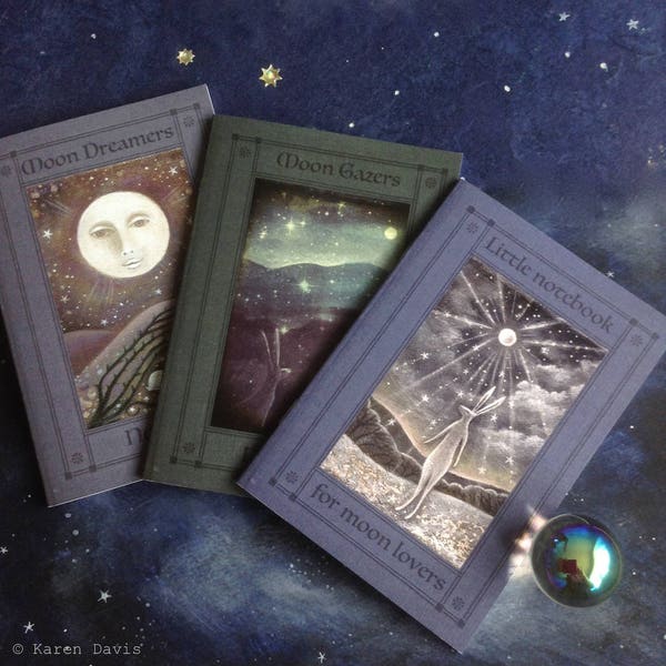 Notebooks 'for those who love the moon' x3. A6/C6 size/ moon dreamers /moon gazers/moon lovers/moon and hare/ 36 Plain Pages By Karen Davis