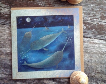 Greeting Card x1.  Narwhals/Sea By Karen Davis