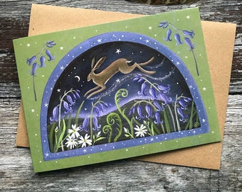 Bluebell Hare. Hare Art. Spring Greeting Card x1 by Karen Davis