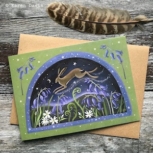 Bluebell Hare. Hare Art. Spring Greeting Card x1 by Karen Davis