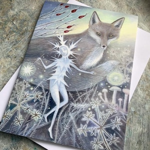 Gelo invernale. Biglietto d'auguri Jack Frost/Fata invernale e volpe x1.