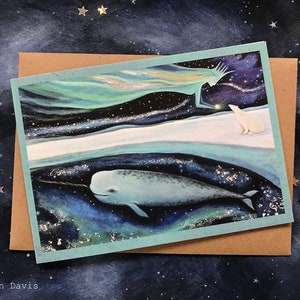 Comme ci-dessus Donc ci-dessous.  Narval magique/aurore boréale/ours polaire. Carte de voeux A6 x1. Par Karen Davis