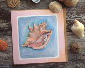 Greeting Card x1 Little Sea Hare. Hare/Seashell by Karen Davis