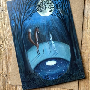 Carte de voeux x1 Moonrakers. Lièvre/Renard/Lune Par Karen Davis