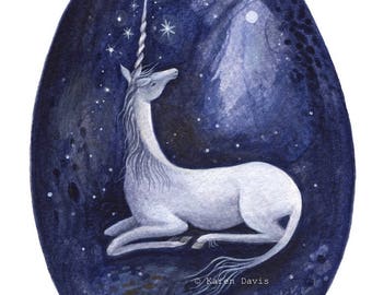 The Quiet Glade/ Moonlight Unicorn/ Art print by Karen Davis
