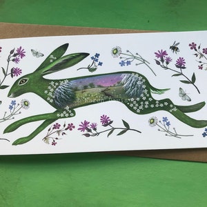 Green Witch Meadow Hare. Hare Art. Spring Hare Greeting Card x1.