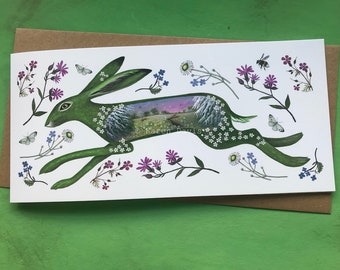 Green Witch Meadow Hare. Hare Art. Spring Hare Greeting Card x1.