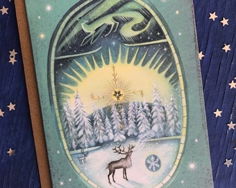Song to the Sun's Return. Magical Greeting Card x1. Winter Card/Aurora Borealis/Reindeer/Lapland