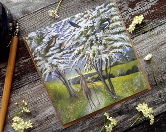 Greeting Card x1. Between Two Trees. Hare/Birds/Trees By Karen Davis