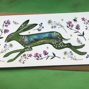 Wenskaart x 1 groene heks zwaluw haas. Haas kunst. Door Karen Davis
