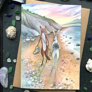Greeting Card x1 The Collectors. Beach combing/Hare/Fox By Karen Davis