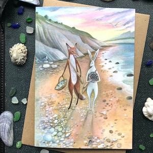 Carte de voeux x1 Les collectionneurs. Peignage de plage/lièvre/renard Par Karen Davis