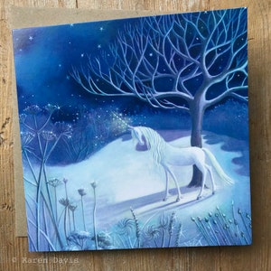 Greeting Card x1 One Moonlit Night. Unicorn/Snow By Karen Davis