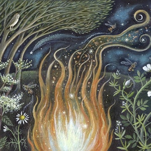 May include: An original painting of a nighttime forest scene with a bonfire. The artwork features an owl, bees, and glowing trails of light. White flowers and a crescent moon are also visible, creating a magical atmosphere.